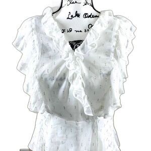 Maison D Amelie white blouse short sleeve translucent front ruffle top size S